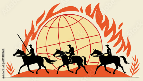 Global Crisis: Silhouetted Riders on Horseback with Burning Earth Background. Apocalypse, War, Destruction Concept.