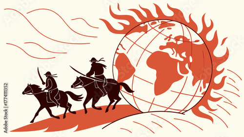 Horsemen riding towards a burning Earth, symbolizing global crisis, climate change, and environmental destruction