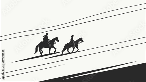 Dynamic Silhouettes of Two Horseback Riders on an Abstract Black and White Background