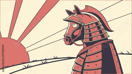 Retro Illustration of Samurai Horse in Traditional Armor with Stylized Rising Sun Background