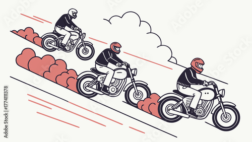 Three Motorcyclists Racing Downhill with Dust Trails. Retro Style Illustration of Speed and Adventure.