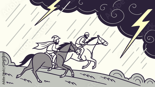 Two horse riders gallop through a stormy landscape with lightning and rain. Dynamic illustration of speed and urgency.