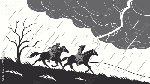 Horseback riders journeying through a stormy landscape under a lightning-filled sky with heavy rain