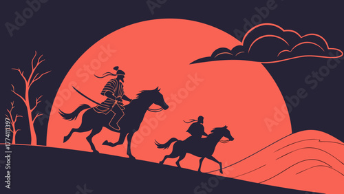 Asian Warrior and Companion Horseback Journey at Sunset Minimalist Illustration
