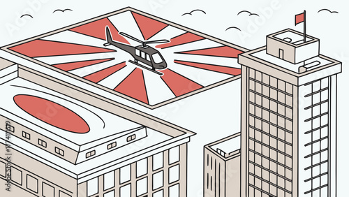 Isometric Cityscape: Helicopter Landing on Rooftop Helipad. Modern urban buildings with aerial transport.