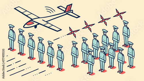 Drone surveillance over uniformed personnel, data monitoring and control concept illustration