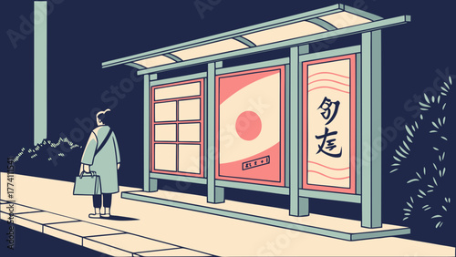 Urban Night Scene: Solitary Figure Waiting at Bus Stop with Advertisements. Flat Design Illustration.