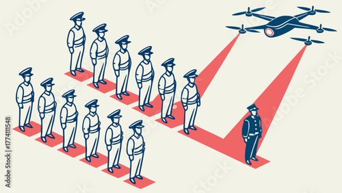 AI drone identifies specific uniformed individual in a lineup, symbolizing selection, surveillance, or automated targeting.