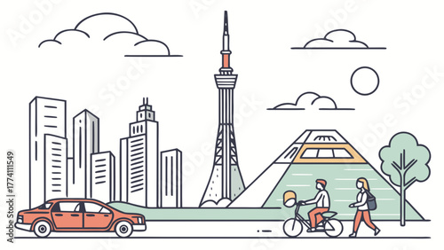 Modern City Life Line Art: Urban Landscape with Skyscrapers, Landmarks, Car, Scooter, Pedestrians, and Masked People