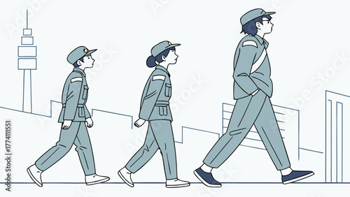 Minimalist illustration of individuals in uniform, depicting career growth and progression