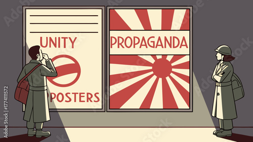 Vintage illustration of two people observing unity and propaganda posters, reflecting on public messaging and historical context.