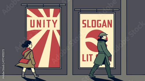 Urban Walkers Pass Retro Propaganda Posters: 'Unity' and Slogan Messages in Stylized Street Scene Illustration