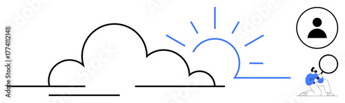 Person holding a magnifying glass exploring ideas under a rising sun and cloud design. Ideal for innovation, exploration, opportunity, growth, positivity, vision, personal development. Simple flat