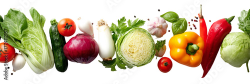 A vibrant array of fresh vegetables including tomatoes, peppers, and leafy greens arranged artistically on a white background, perfect for healthy cooking or nutrition-focused content
