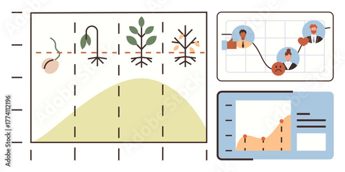 Plant growth cycle with emotional stages, data charts highlighting trends and performance. Ideal for growth, development, analytics, milestones, nature, emotions business metrics. Simple flat