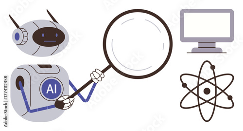 AI-powered robot holding magnifying glass studying computer and atom model. Ideal for science, research, artificial intelligence, innovation, data analysis, future technology, education. Simple flat