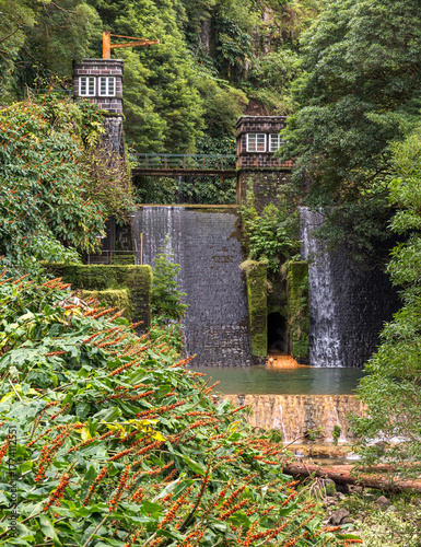 The dam Barragem da Faja do Redondo along the trail from Caldeiras da Ribeira Grande to Salto do Cabrito on Sao Miguel Island, Azores archipelago