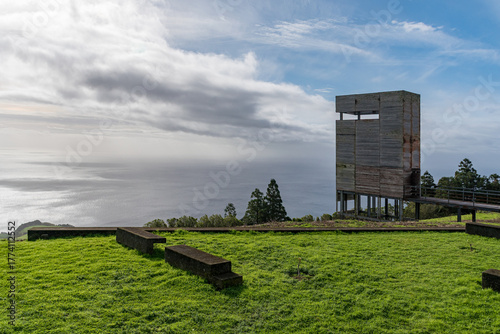 Panoramic view from the viewpoint Miradouro do Pico dos Bodes along the southern coastline of Sao Miguel Island, in the Azores archipelago