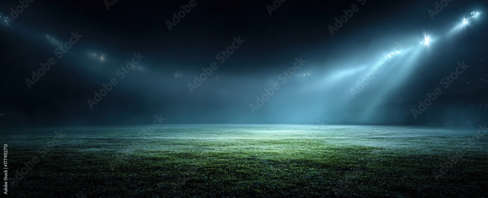 Obraz premium An empty soccer stadium at night, shrouded in darkness and fog, exudes an eerie atmosphere. Flickering spotlights illuminate the green grass, enhancing the suspenseful mood.