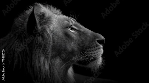 Black and white portrait of lion on dark background