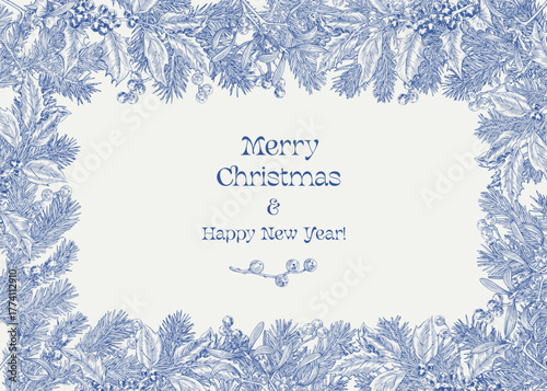 Toile Vintage Christmas botanical frame fir branches holly berries mistletoe. Vector illustration Background for design greeting card, holiday decor, poster. Hand drawn engraved elements. Blue beige