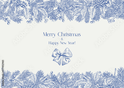 Vintage Christmas botanical borders fir branches holly mistletoe berries, bow. Vector illustration. Background for design greeting card, holiday decor, poster. Hand drawn engraved elements, blue beige