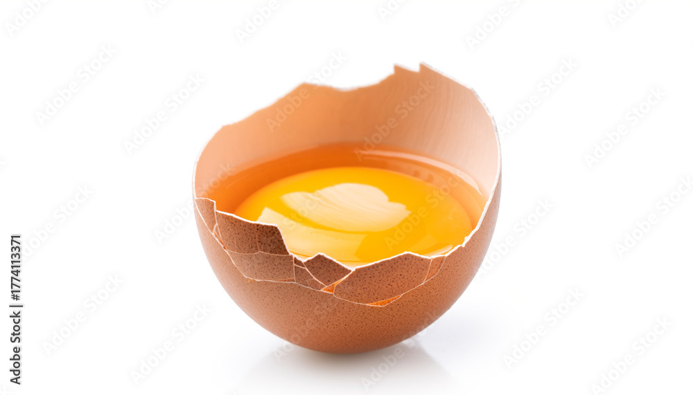 custom made wallpaper toronto digitalClose-up of a cracked brown egg with a bright yellow yolk and white liquid inside, isolated on a white background
