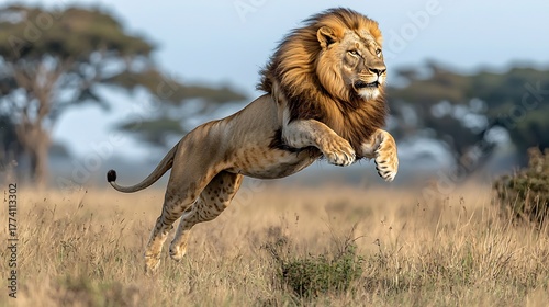 Majestic Lion Jumping Airborne Across African Savanna Grassland Showcasing Power Strength and Motion In Wild Predator Habitat Outdoors Serene Natural Environment