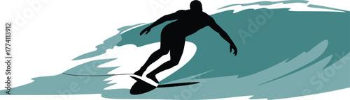 Black silhouette surfer riding teal wave surfing ocean