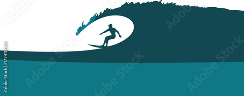 Silhouette of surfer riding a breaking teal wave surfing