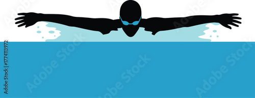 Black silhouette of a swimmer in butterfly stroke swimming