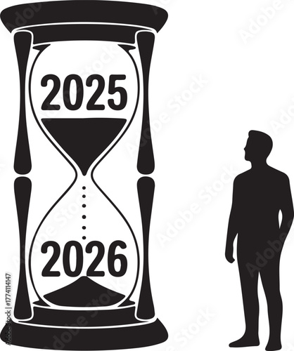 Hourglass with 2025 and 2026 next to silhouette of man