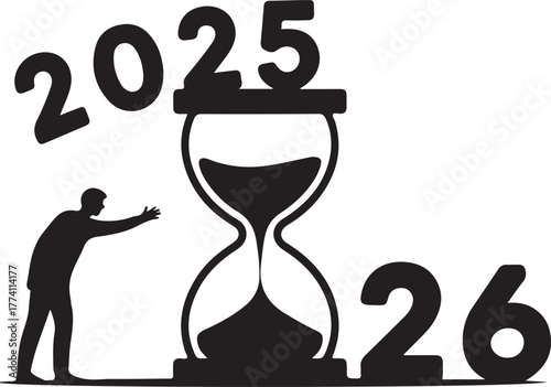 Silhouette of person reaching for hourglass with 2025 and 2026 numbers