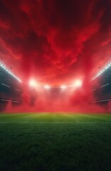Large football soccer stadium field shows vibrant green grass. Bright red smoke fills entire arena, creating dramatic, intense game atmosphere. Powerful stadium floodlights illuminate major sports