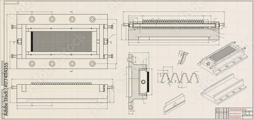 Mechanical engineering drawings on light background. Cutting tools, milling cutter. Technical Design. Cover. Blueprint. Horizontal seamless pattern. Vector illustration.