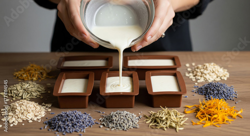 A close-up shot of a person pouring natural oils from small glass beakers into a creamy white soap base in a wooden bowl, then stirring the mixture with a wooden spoon to blend the ingredients