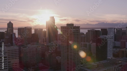 Aerial shot of Seattle city skyline at sunset.  