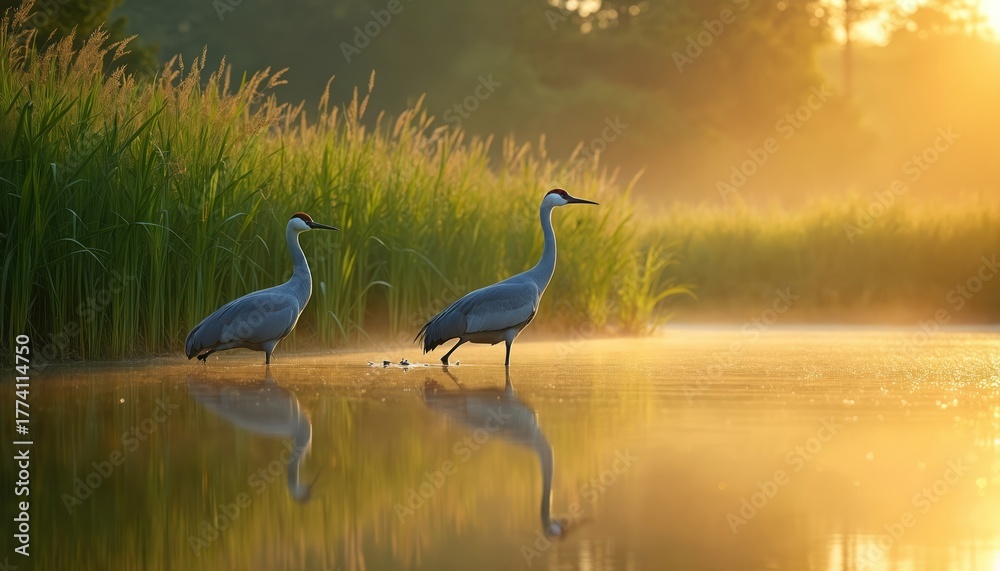 Obraz premium Two grey cranes stand in shallow water near reeds at sunrise. Golden light reflects on the lake surface. Birds forage in calm morning mist creating peaceful wildlife scene.