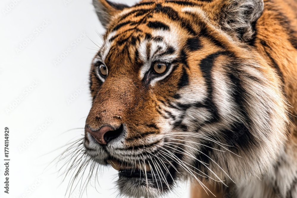 Fototapeta premium A stunning close-up portrait of a magnificent tiger, showcasing its intricate details and striking features against a clean white background. Perfect for highlighting the beauty of wildlife.