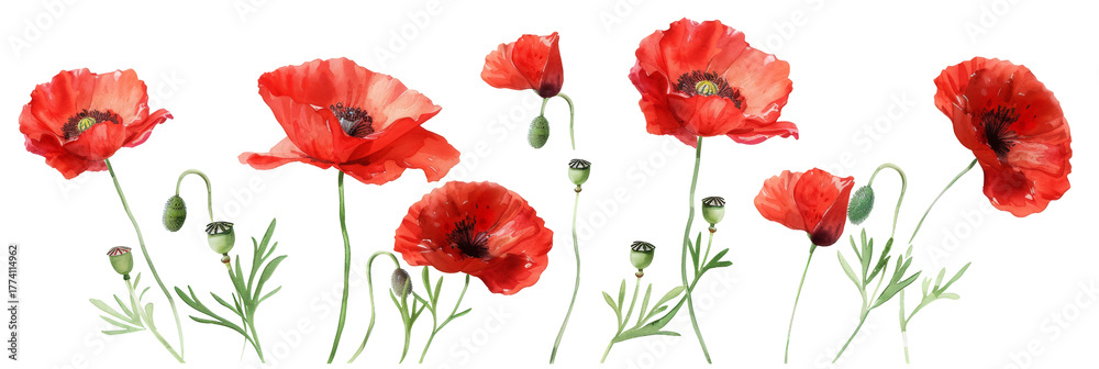 Fototapeta premium A vibrant arrangement of red poppy flowers swaying gently in a soft breeze, set against a clear blue sky, symbolizing beauty and nature's resilience