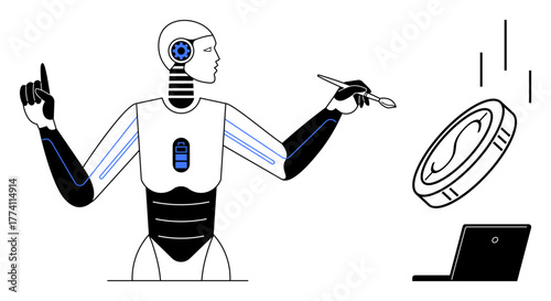 Robot with creative tools and tech symbols interacting with a digital coin and laptop. Ideal for technology, AI, creativity, finance, automation, innovation, efficiency. Simple flat metaphor