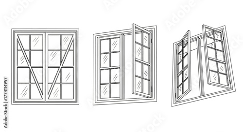 Open Double-Casement Window Vector Set - Black and White Architectural Outline