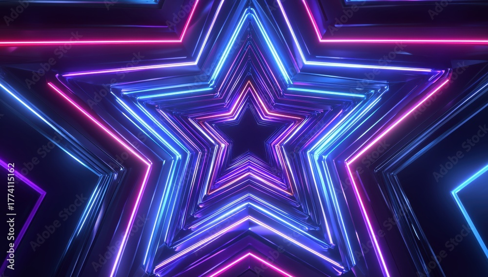 Fototapeta premium 3d rendering of a colorful neon light background with a star-shaped tunnel abstract, futuristic geometric design Generative AI