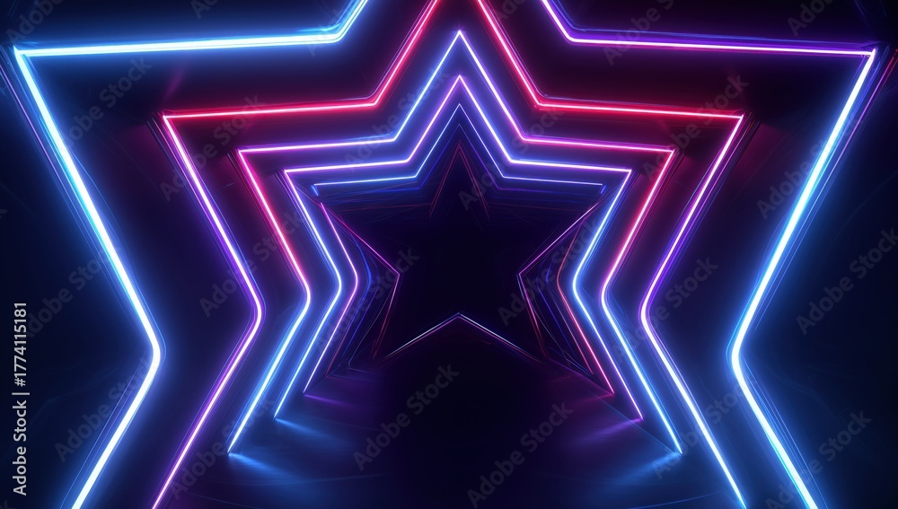 Fototapeta premium 3d rendering of a colorful neon light in the shape of a star tunnel with blue and purple glowing lines abstract background with glowing geometric shapes Generative AI