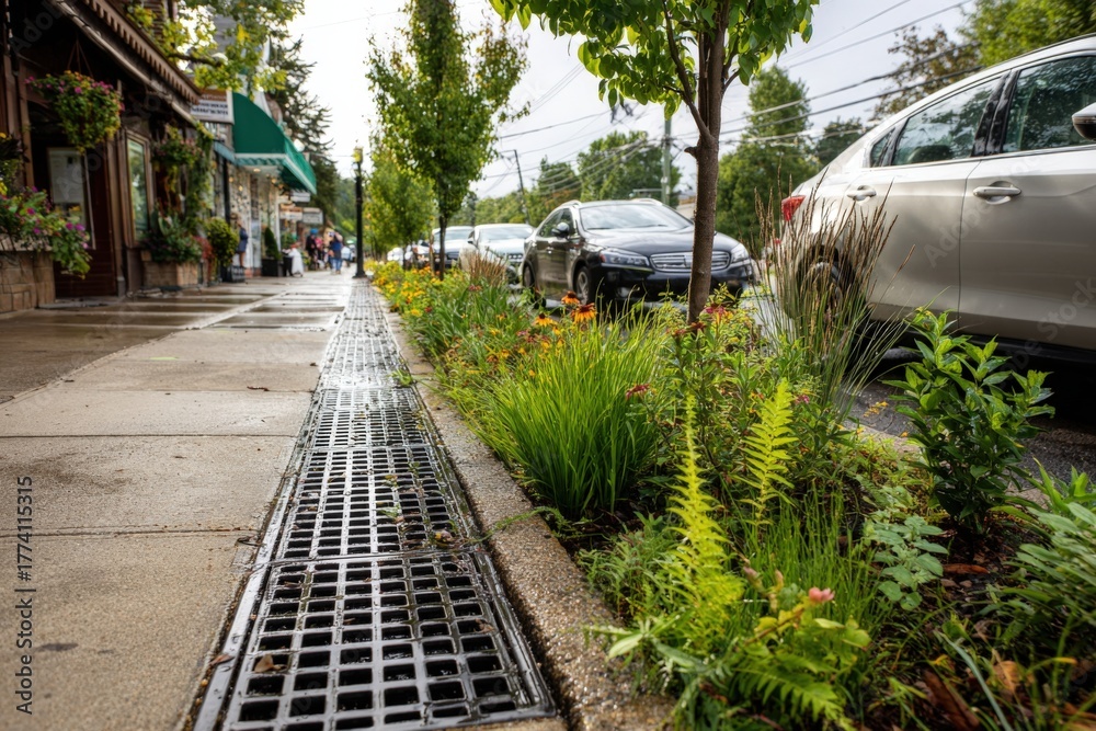 Naklejka premium A vibrant urban street scene featuring a rain garden with native plants integrated into the pavement. Parked cars line both sides, and trees provide shade along the sidewalk on a sunny summer day. 