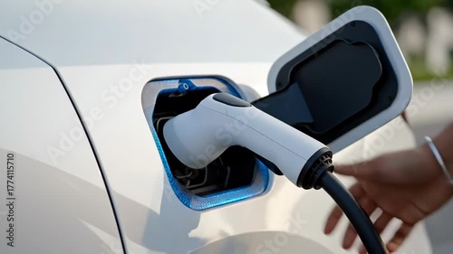 Close-up of a hand plugging an electric vehicle charger into a modern white car, symbolizing sustainable energy, green technology, and the future of clean transportation.
