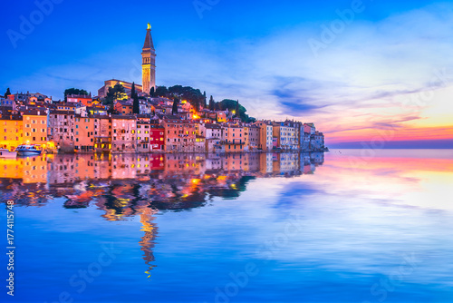 Fototapeta Naklejka Na Ścianę i Meble -  Rovinj, Croatia. Famous city of Istria Peninsula, Dalmatia coastline, blue hour colored sky. Rovinj, Croatia. Famous city of Istria Peninsula, Dalmatia coastline.