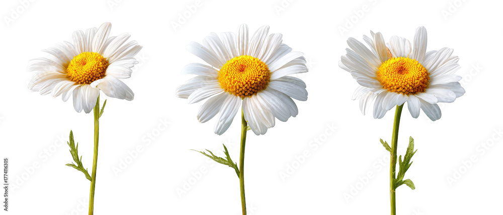 Fototapeta premium Three vibrant daisies with bright yellow centers and white petals, standing upright against a transparent background, showcasing their natural beauty, ideal for floral-themed designs