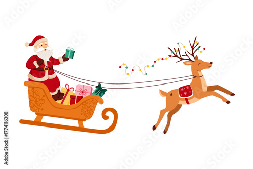 Santa Claus rides a sleigh with gifts pulled by reindeer. Christmas illustration for greeting cards, postcards, posters, banners, children's prints