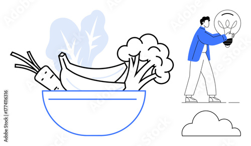 Bowl with vegetables, bananas, broccoli, carrot alongside person holding light bulb with plant, cloud. Ideal for sustainability, healthy living, eco ideas, clean energy balance nature simplicity